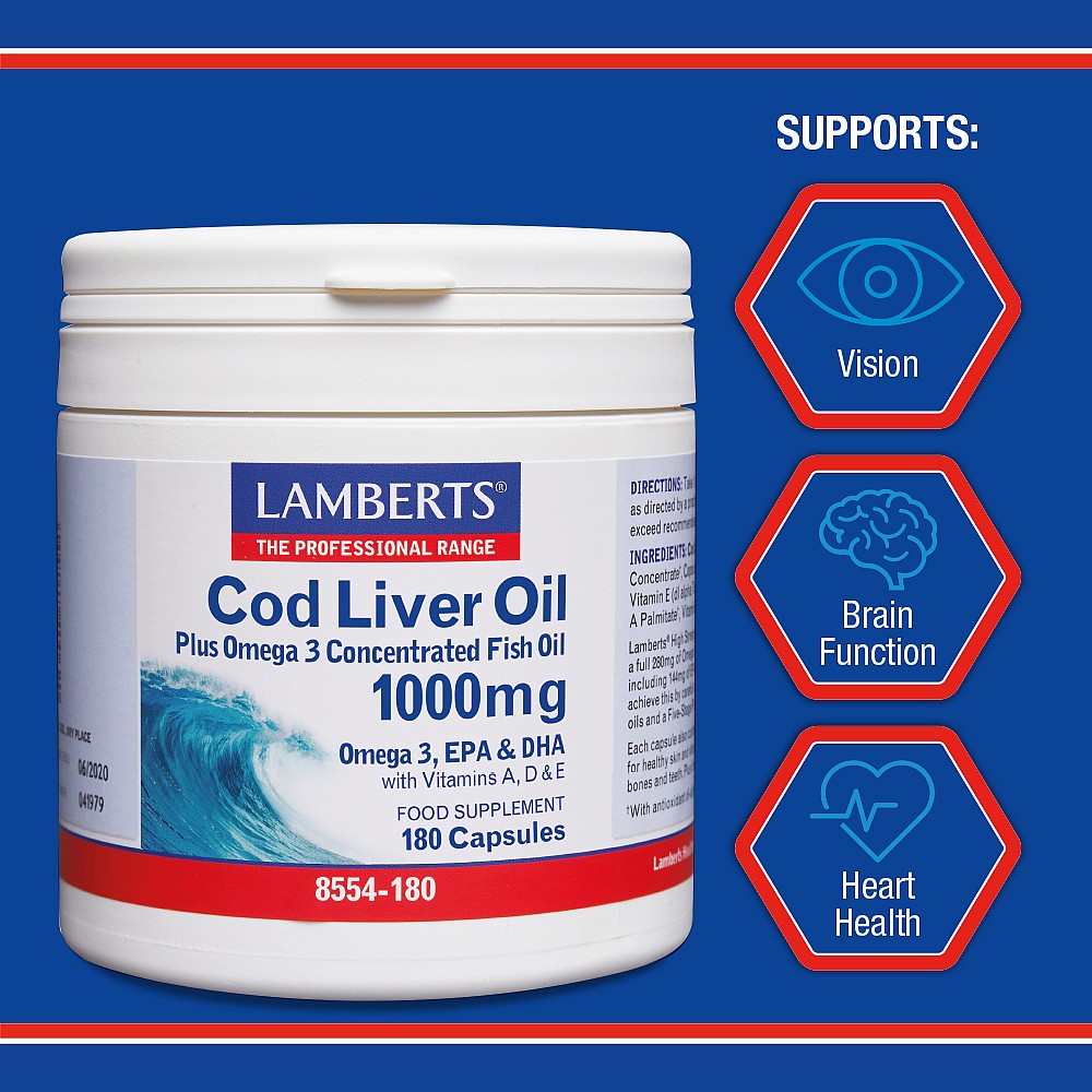 LAMBERTS Cod Liver Oil 1000mg - 180 Softcaps