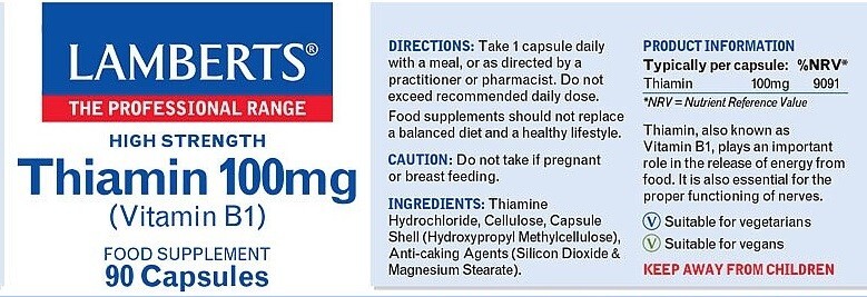 LAMBERTS Thiamin 100mg (Vitamin B1) - 90 capsules