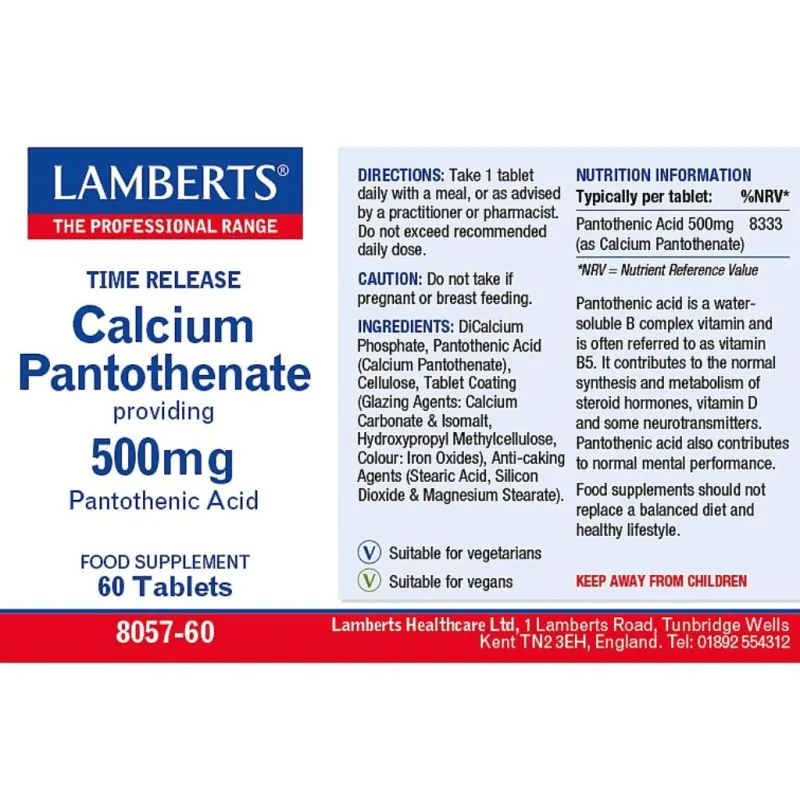 LAMBERTS Calcium Pantothenate 500mg (Pantothenic Acid) *60 tab